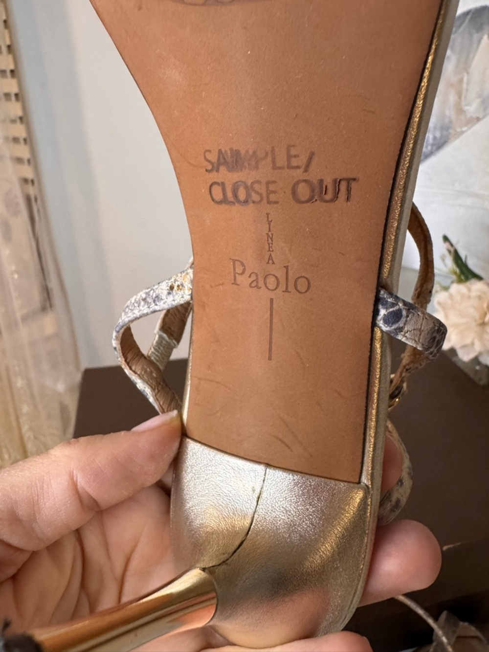 Paolo Gold-Tone Stiletto Sandals with Metallic Snake-Print Straps - Picture 10 of 10